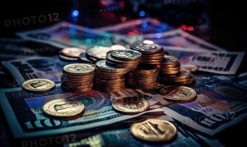 Coins stacked on paper currency with a dark blue ambiance symbolizing economy AI generated