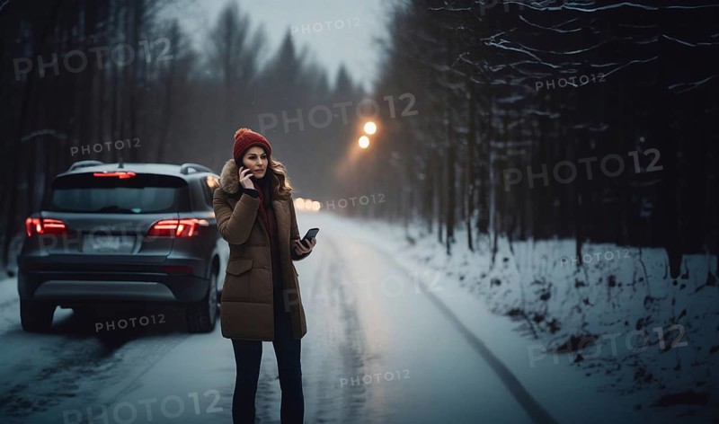 Female driver crashes her car on a slippery winter road in the snow