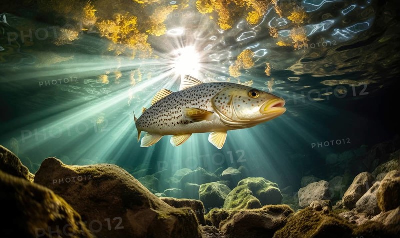 Rainbow trout swimming underwater in the ocean with rays of light AI generated