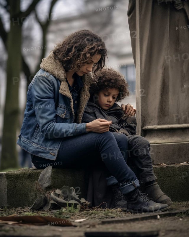Woman with child sitting sadly at gravestone