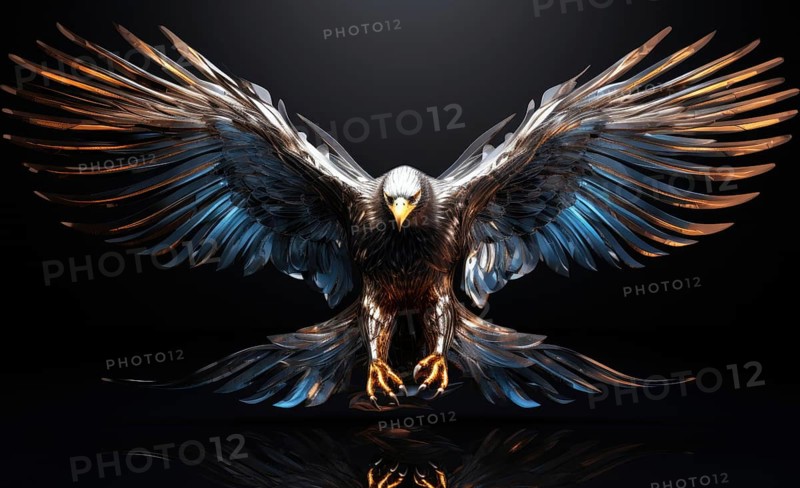 Black crow with golden wings on a dark background AI generated