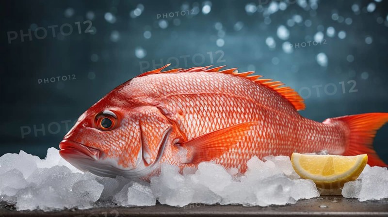 Fresh red sea bass fish with ice and lemon on dark background AI generated