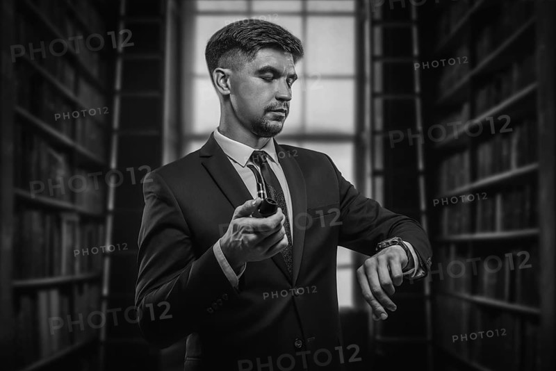 Portrait of an elegant man in a suit with a smoking pipe. Business concept.