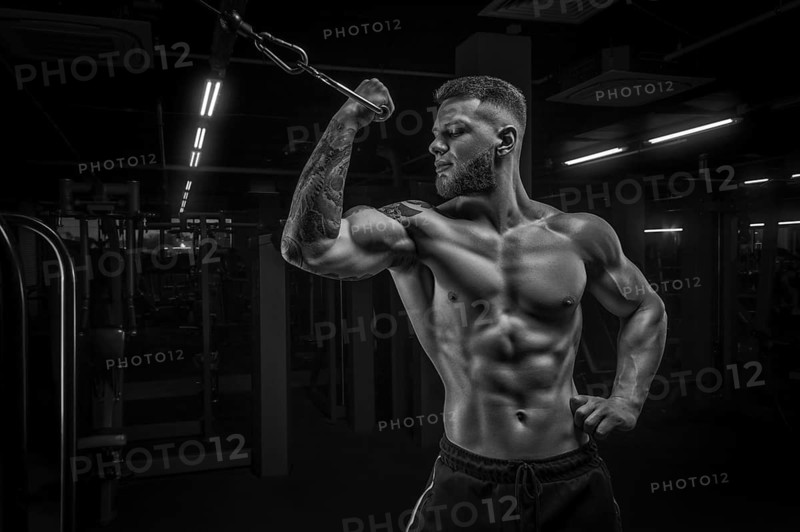 Portrait of an athlete pumping biceps in a crossover. Bodybuilding and fitness concept.