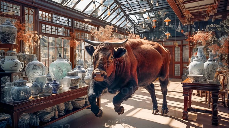 Very large bull with horns in a China shop filled with glassware. generative AI