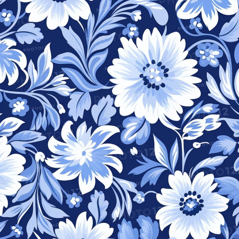 A floral pattern with shades of blue and white flowers on a dark blue background AI generated