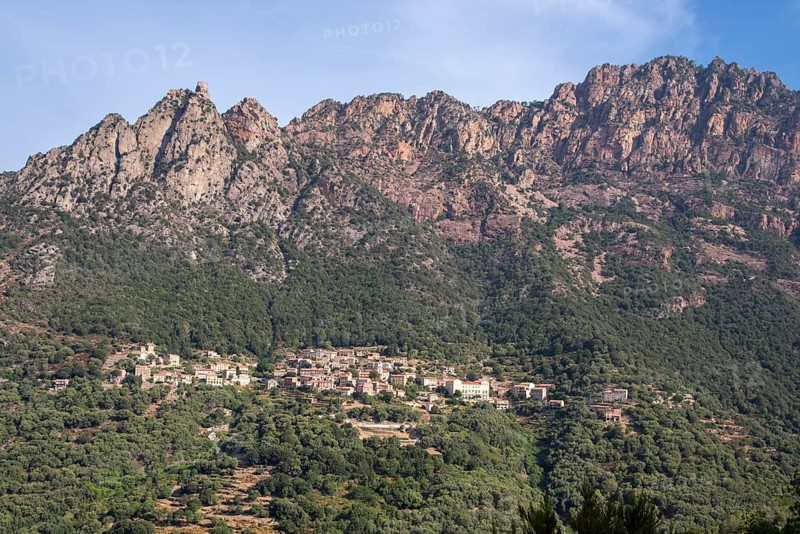 View of the Corsican village of Ota on the Pinzu mountain range