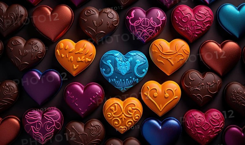 Varied heart-shaped chocolates create a kaleidoscope of colors and designs AI generated