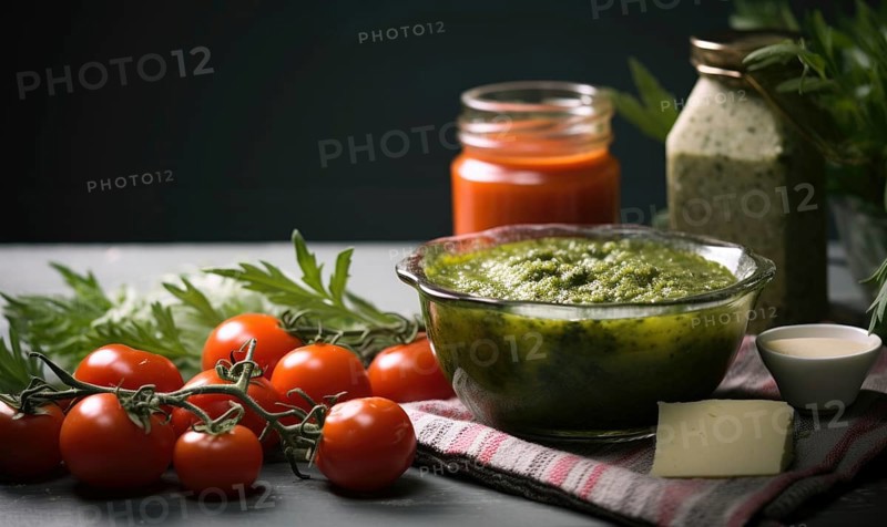 Homemade pesto sauce with fresh tomatoes and parsley on dark background AI generated