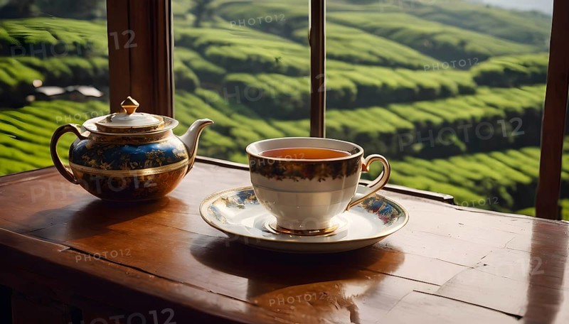 Ceramic cup of tea and a pot on wooden table and tea estate look from the window. AI Generated