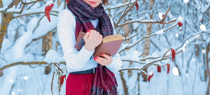 No name oil portrait of a charming girl reading a book in a winter forest. Concept of Christmas