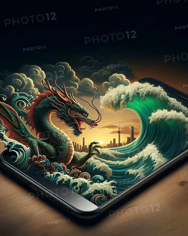 Surreal artwork of a chinese dragon emerging from waves in tsunami over Shanghai skyline