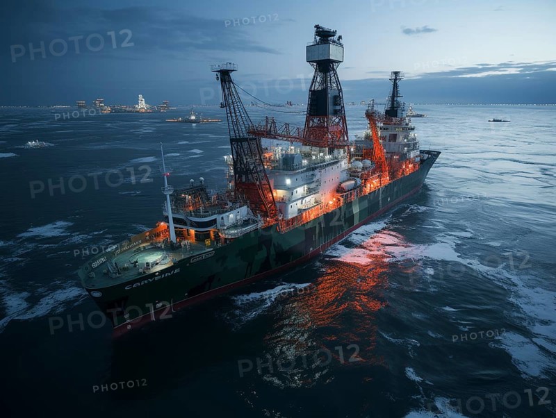 Offshore drilling ship at dusk with a dramatic sky and reflective ocean waters