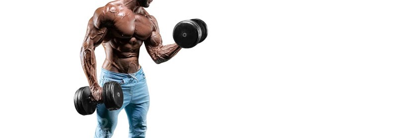 No name sexy muscular man in jeans posing on white background with dumbbell. Bodybuilding and fitness concept.