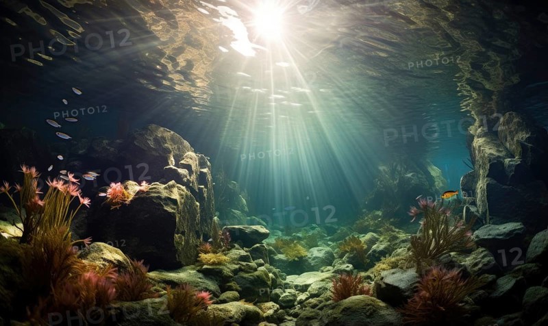 Underwater view of coral reef with fish and rays of sunlight AI generated