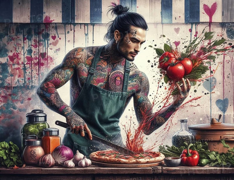 Fit tattooed mediterranean man chef wear apron