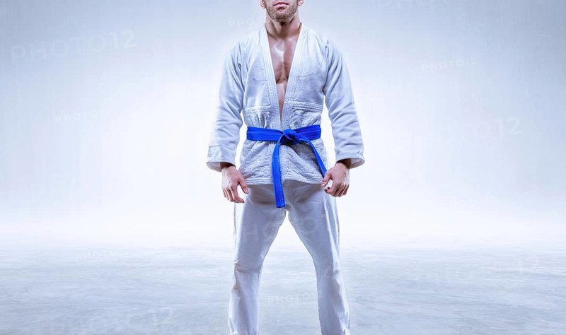 Athlete in a kimono with a blue belt stands on a light background. The concept of karate and judo.