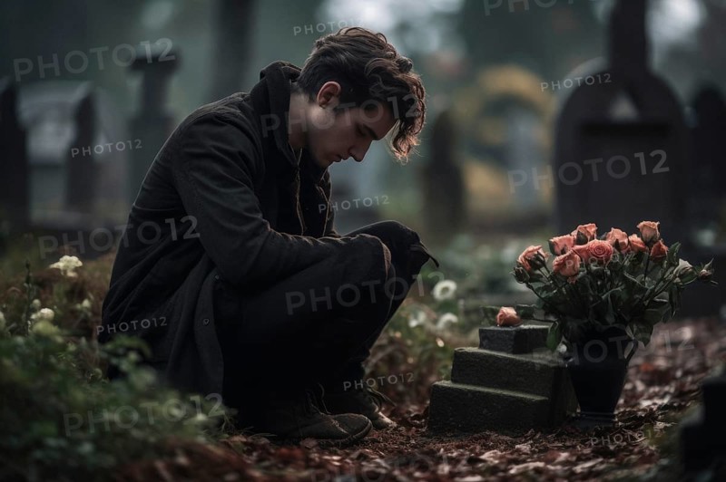 Man sitting sadly at gravestone