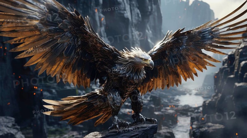 Black crow with golden wings on a dark background AI generated