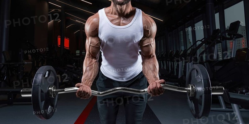 Handsome young man working out with a barbell in the gym. Biceps pumping. Fitness and bodybuilding concept.