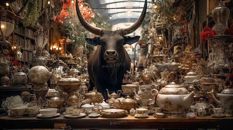 Very large bull with horns in a China shop filled with glassware. generative AI