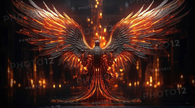 Fantasy bird figure. Burning phoenix on dark background. Fantasy background concept. Flame wings AI generated