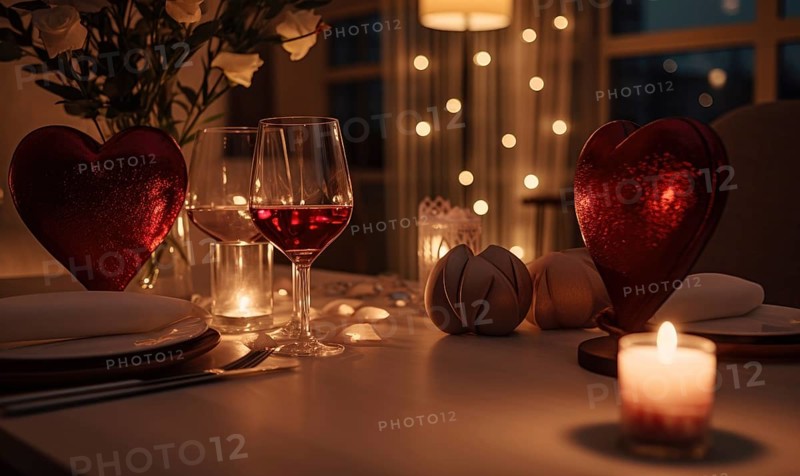 Evening dinner setting with wine and romantic heart-shaped decorations illuminated by candles AI generated