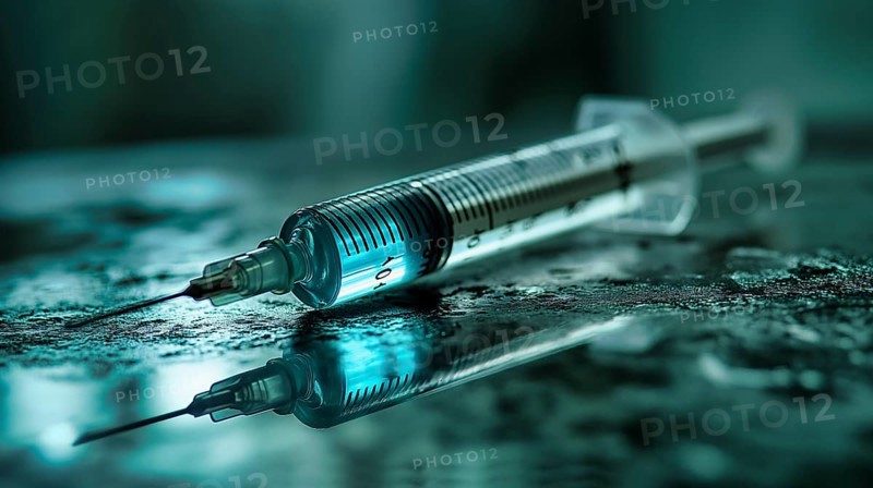 Disposable medical plastic syringe with protective cap removed and filled with a serum