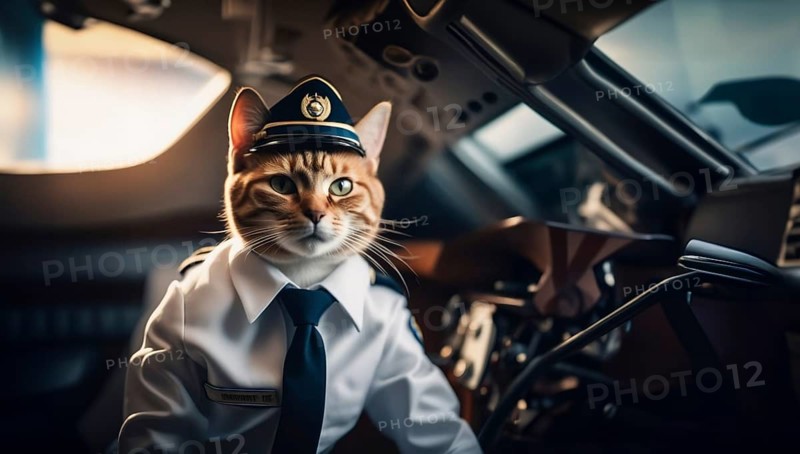 Cat pilot in an airplane pilot uniform on an airplane