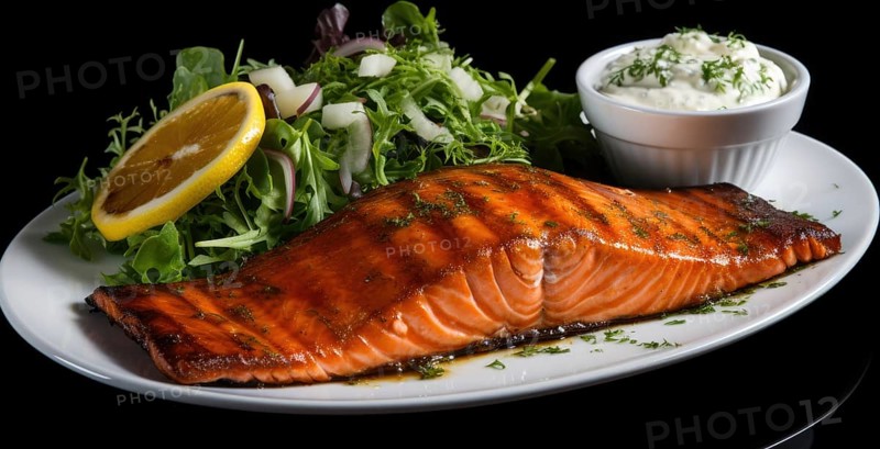 Grilled salmon with arugula salad and tartar sauce on black background AI generated