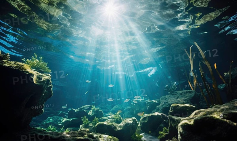 Underwater view of coral reef with fish and rays of sunlight AI generated