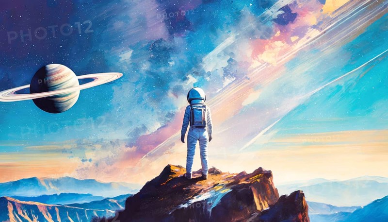 Rear view woman astronaut on another planet stands on the mountains top with view to the colorful starry sky with colorful nebulas. AI generated art