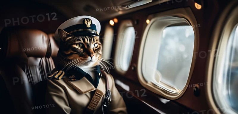 Cat pilot in an airplane pilot uniform on an airplane