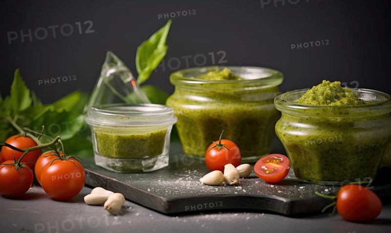 Homemade pesto sauce with fresh tomatoes and parsley on dark background AI generated