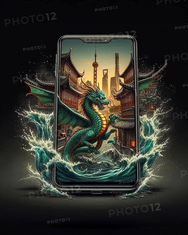 Surreal artwork of a chinese dragon emerging from waves in tsunami over Shanghai skyline