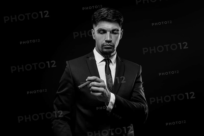 Portrait of a stylish man in a suit with a cigar. Business concept.