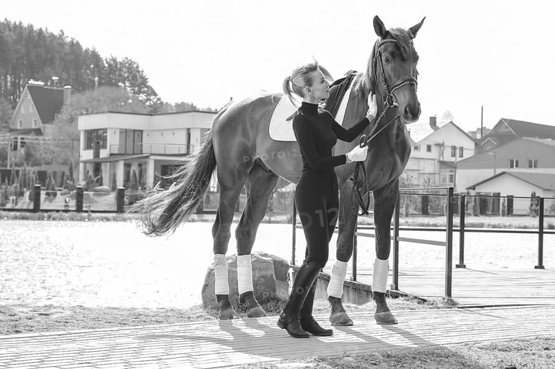 Beautiful stylish woman walking with a horse in a country club. Equestrian sport