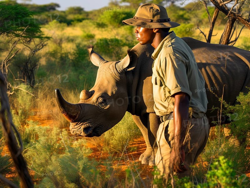 A ranger in a hat patrolling near a rhinoceros amongst tall grass in afternoon light