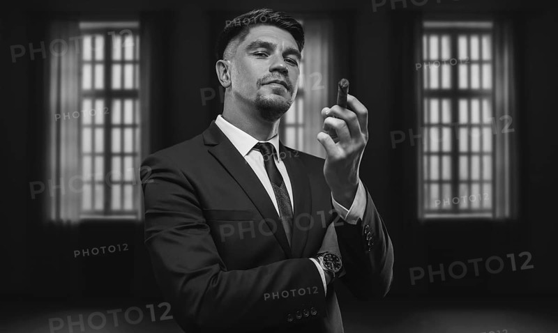 Portrait of a stylish man in a suit with a cigar. Business concept.