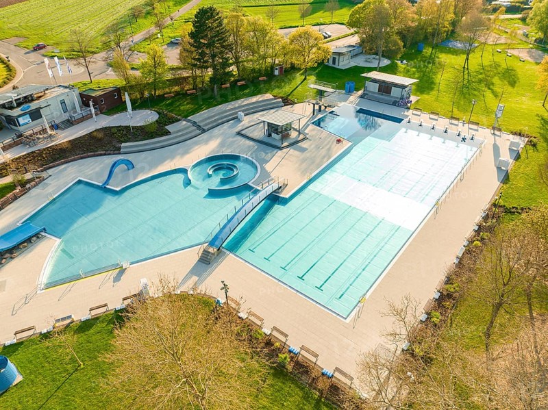 Swimming pool shines in the sunrise