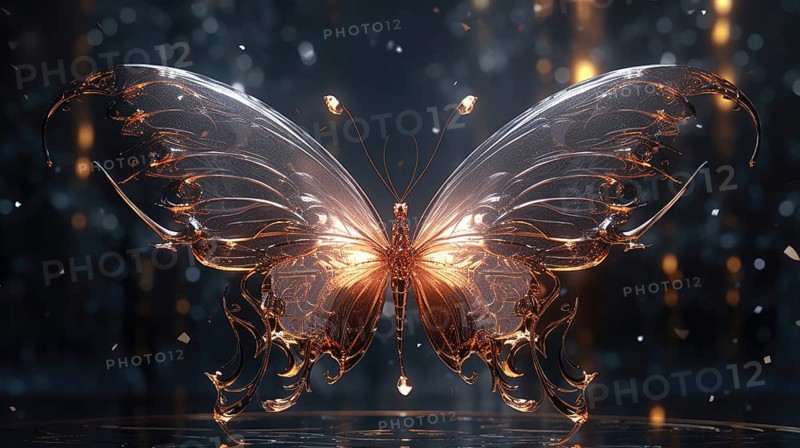 Stylized glass butterfly with glowing wings on a dark background AI generated