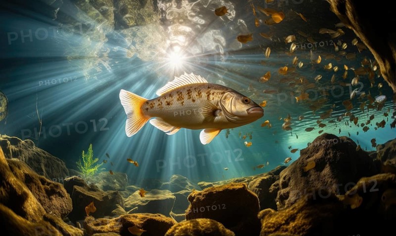 Rainbow trout swimming underwater in the ocean with rays of light AI generated