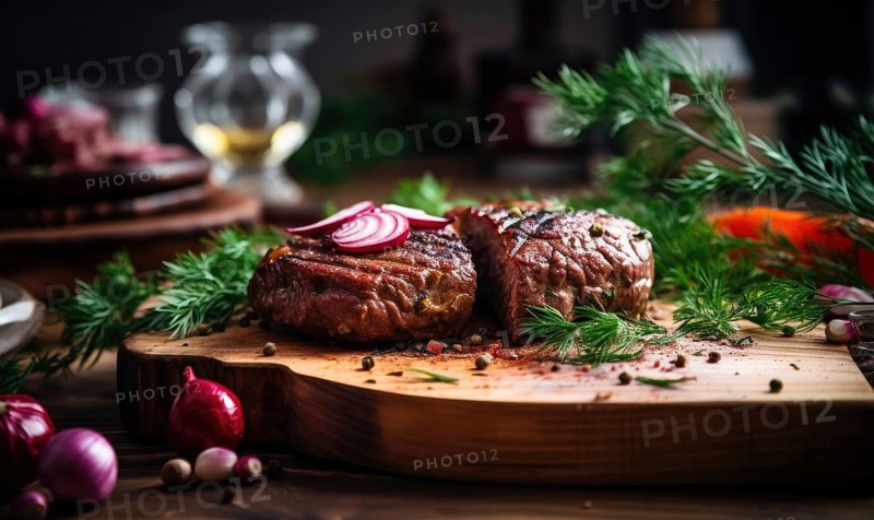Grilled beefsteak with onion rings and rosemary on wooden board AI generated