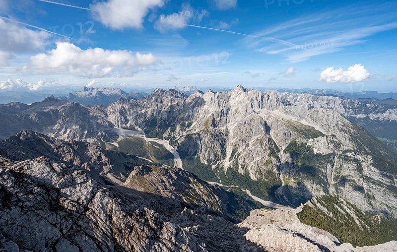 View of Wimbachgries valley and mountain panorama with rocky mountain peak of Hochkalter