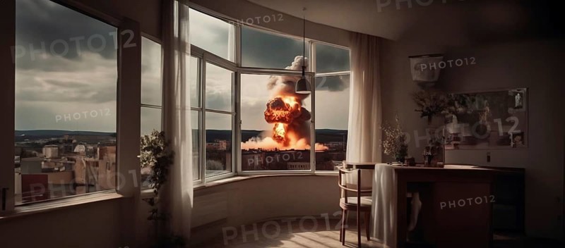 Nuclear explosion in the city view from the window