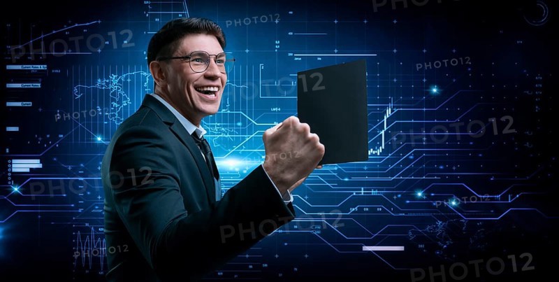 Stock broker rejoices in asset growth. The concept of brokerage and trading.