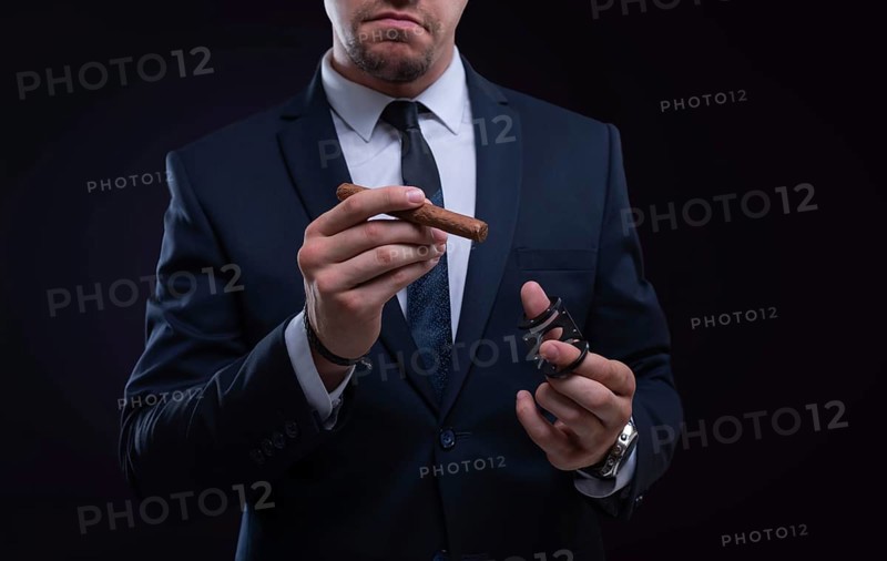 Image of an adult stylish man in a suit with a cigar. Cigar clubs concept.