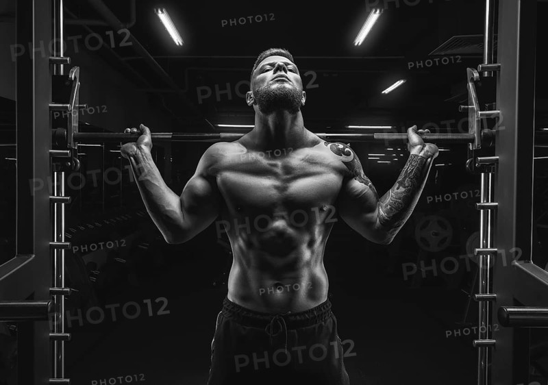 Portrait of an athlete with a barbell on the shoulders of the gym. Bodybuilding and fitness concept.