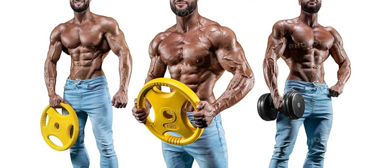Set of three sexy muscular men. Posing on a white background with dumbbells and barbells. Bodybuilding and fitness concept.