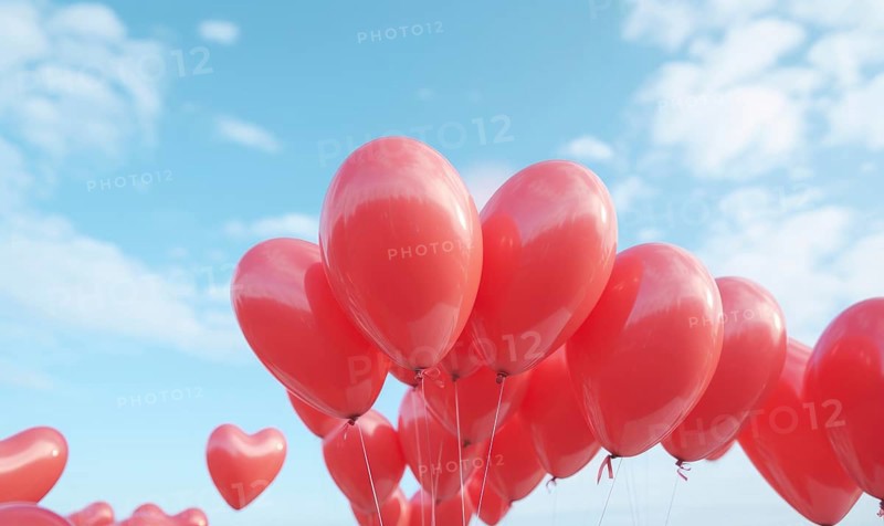 Cluster of red heart balloons soaring against a partly cloudy sky AI generated